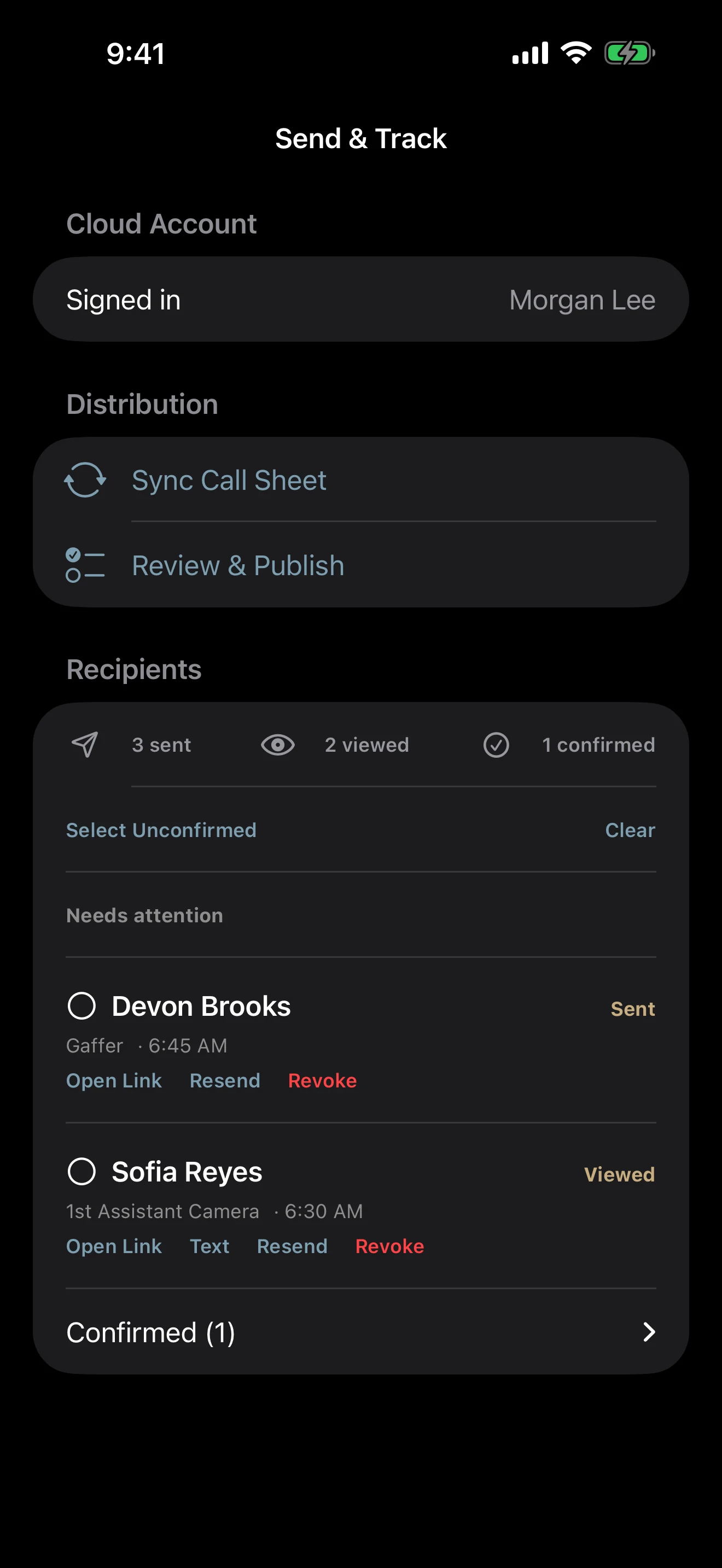 CallSheet Send and Track screen showing sent, viewed, and confirmed recipients