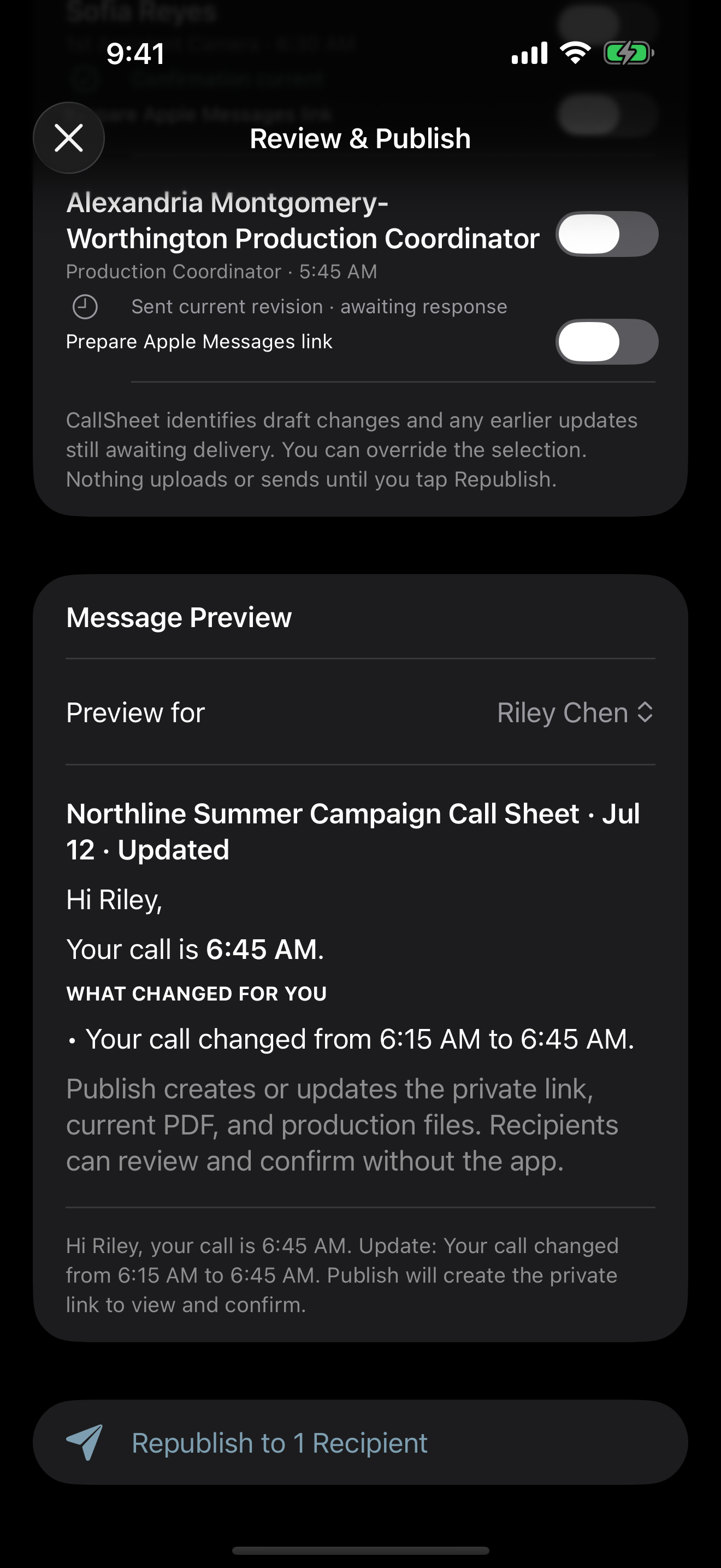 CallSheet message preview explaining Riley's updated 6:45 AM call and that recipients can review without the app