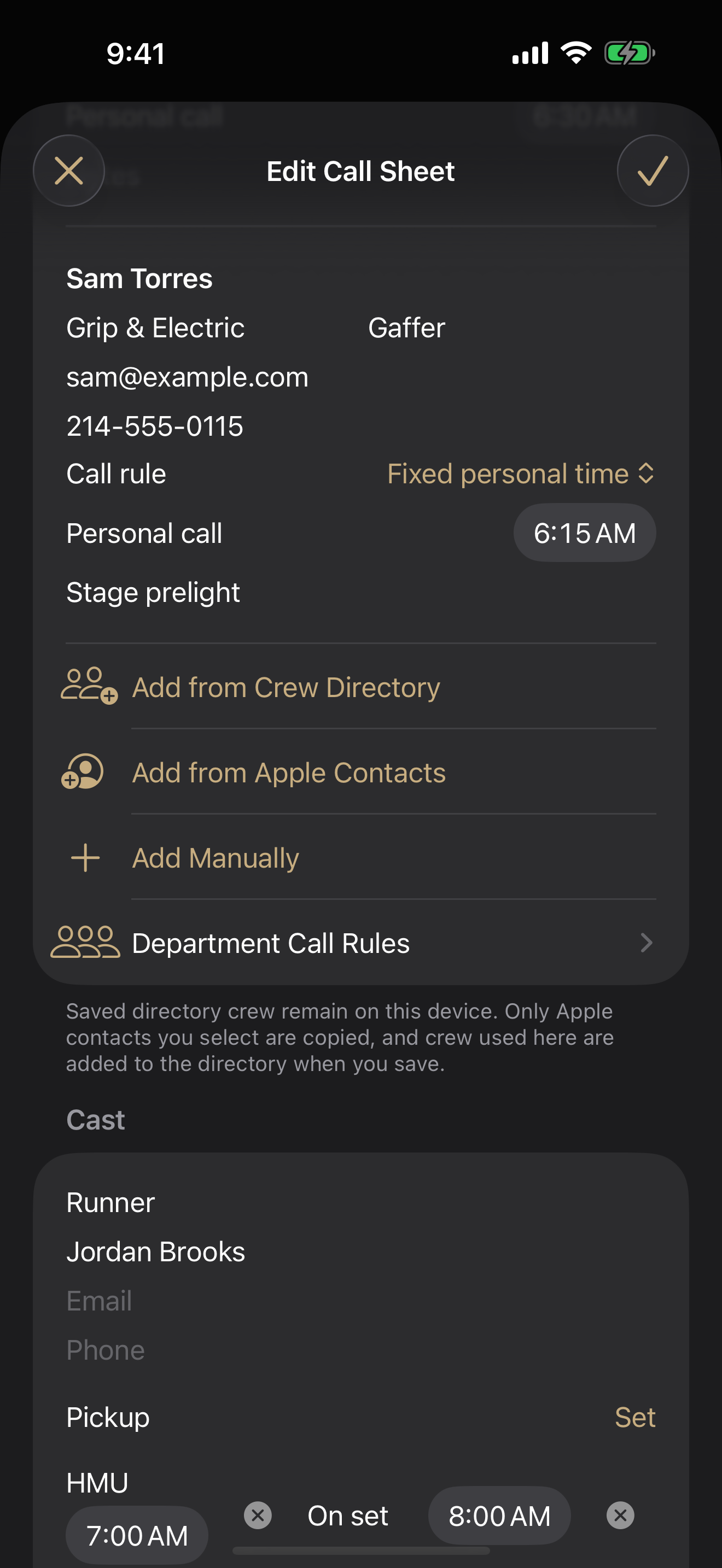 Selected crew in CallSheet with Apple Contacts import available